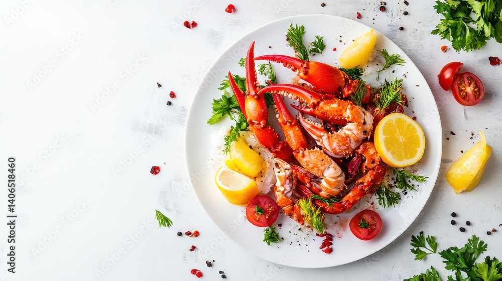 Fresh Lobster Dish with Lemon, Cherry Tomatoes, and Garnish Fresh Lobster Dish with Lemon, Cherry Tomatoes, and Garnish