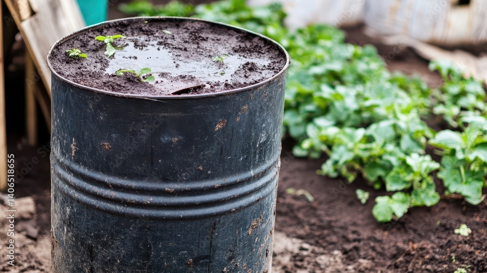 Naklejka premium Rusty metal barrel repurposed as a garden planter.