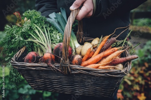 A person holding a basket full of freshly picked vegetables from the garden harvest season bounty