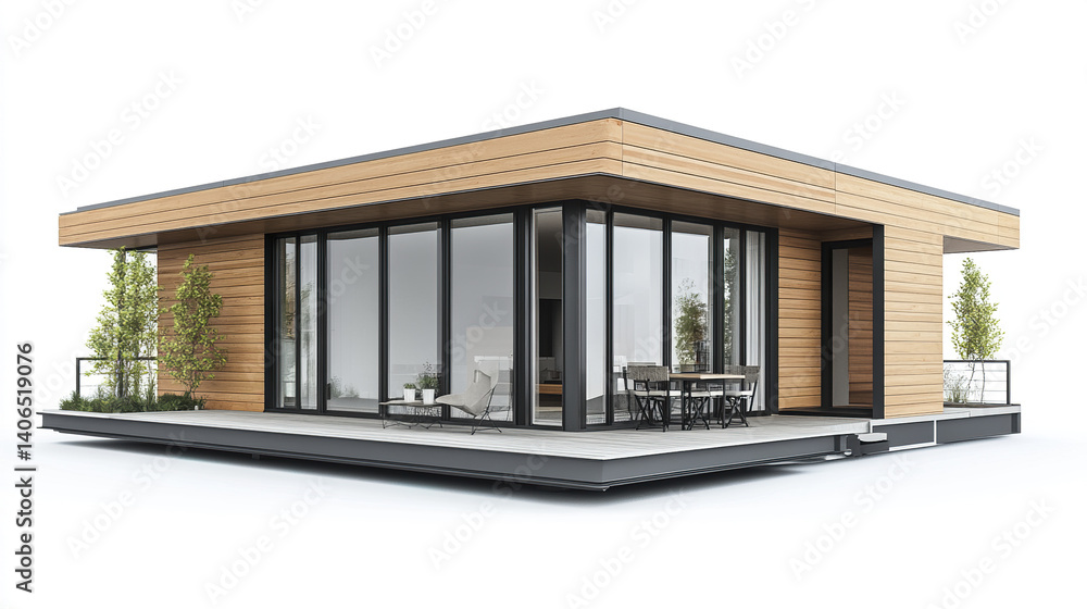 Fototapeta premium Modern prefabricated house with wooden panels and large windows