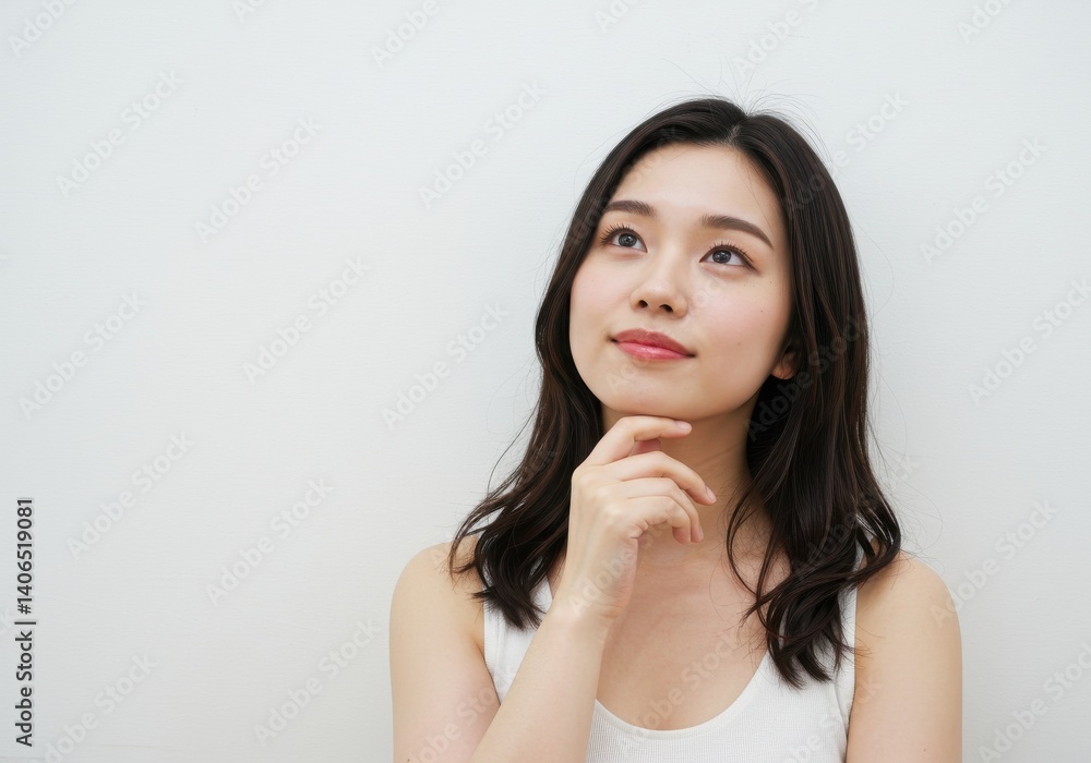 Portrait of a young woman with dark hair looking up thoughtfully against a white background in a tank top Portrait of a young woman with dark hair looking up thoughtfully against a white background in a tank top