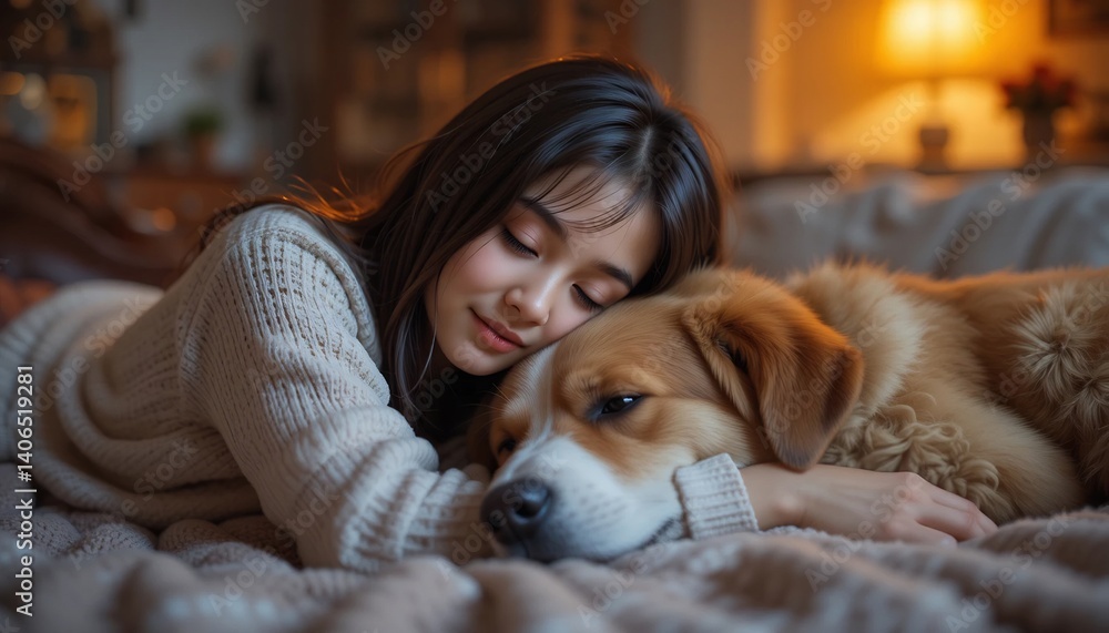 温かい光の中で少女と犬が寄り添う穏やかな午後 温かい光の中で少女と犬が寄り添う穏やかな午後