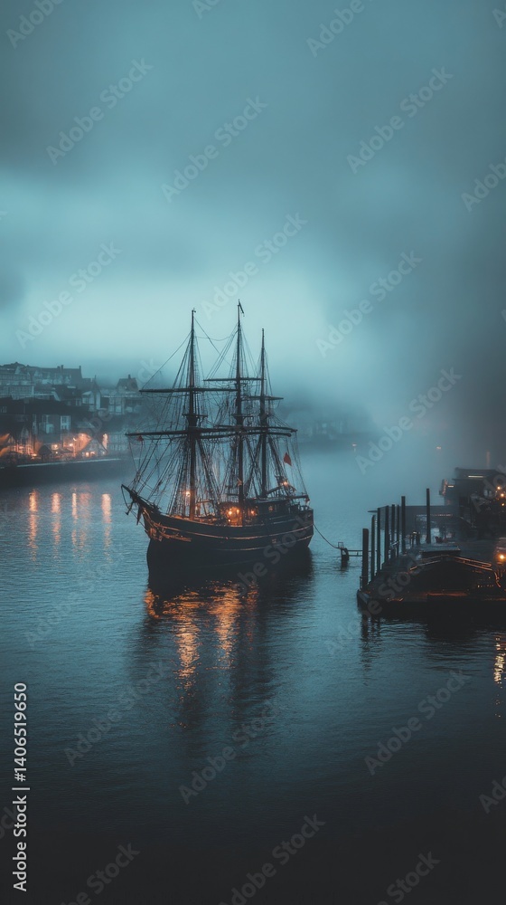 Fototapeta premium A ship is docked in a harbor at dusk, with a mysterious and enchanting atmosphere.