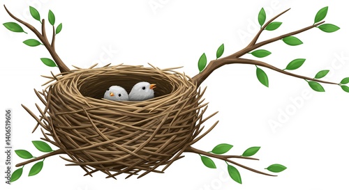 Cute birds in nest on branches illustration