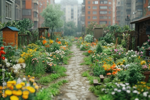 Wallpaper Mural Garden path flanked by various colorful flowers and plants in an urban environment with buildings around Torontodigital.ca