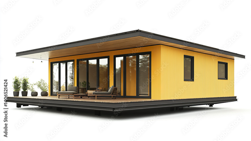 Fototapeta premium Modern prefabricated house with yellow exterior and large windows