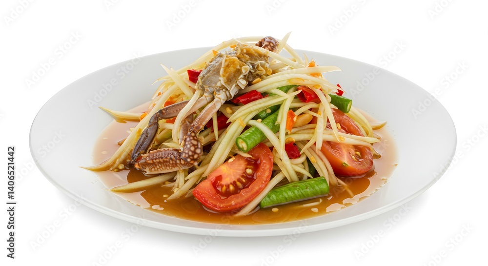 Papaya salad with salted crab tomato isolated on white background Papaya salad with salted crab tomato isolated on white background