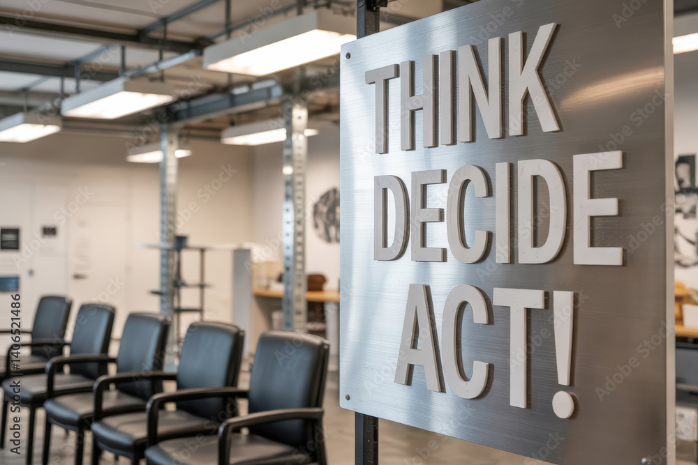 Office chairs beneath 'THINK DECIDE ACT!' sign