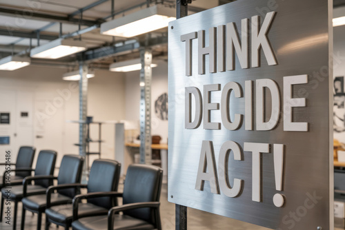 Obraz na płótnie Office chairs beneath 'THINK DECIDE ACT!' sign w salonie