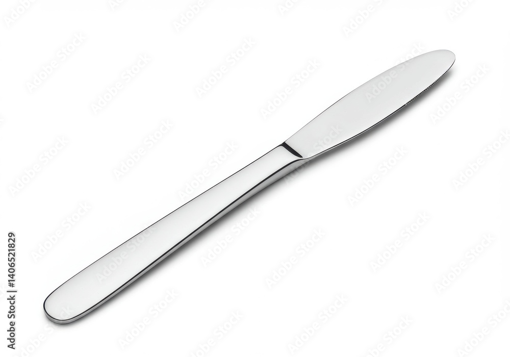 A simple butter knife with a silver finish lying diagonally on a plain white surface in soft lighting A simple butter knife with a silver finish lying diagonally on a plain white surface in soft lighting