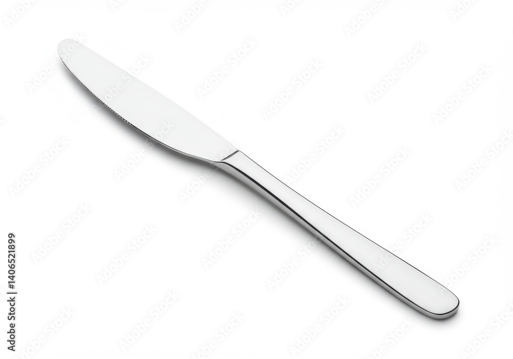 Isolated image of a silver butter knife on a white surface with a simple and elegant design style Isolated image of a silver butter knife on a white surface with a simple and elegant design style