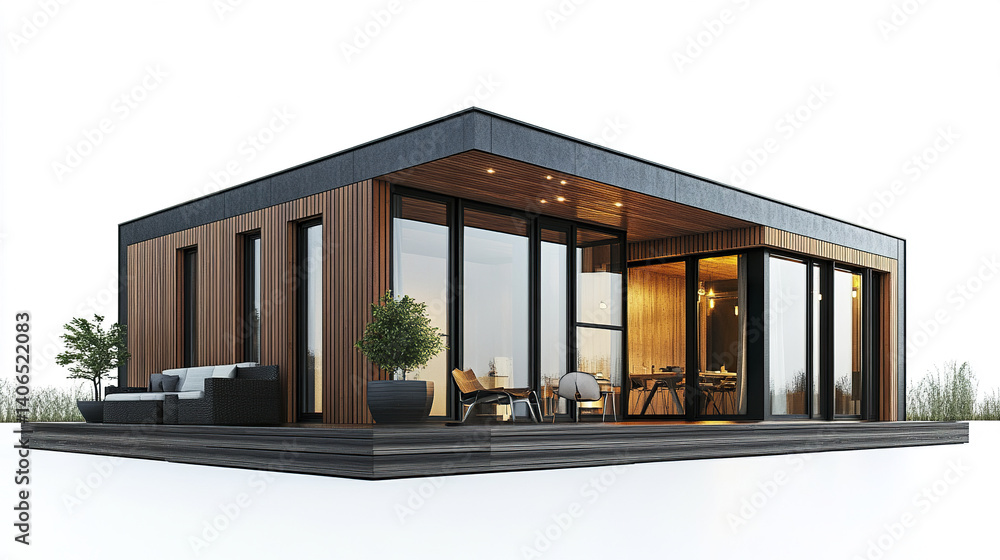 Fototapeta premium Modern prefabricated house with wooden exterior and large windows
