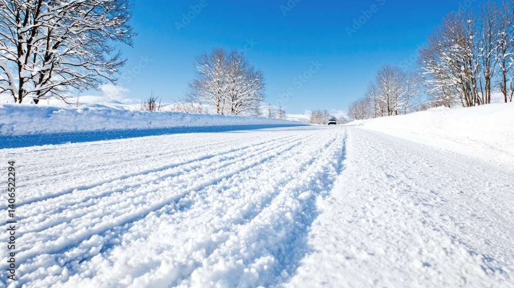 Fototapeta premium Snowy Road Extends into a Sunny Landscape