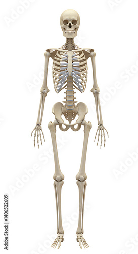 Full human skeleton on white background.