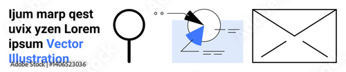Magnifying glass, segmented pie chart with arrows, and envelope symbolizing research, data analytics, communication. Ideal for search, analysis, messaging, collaboration statistics presentations