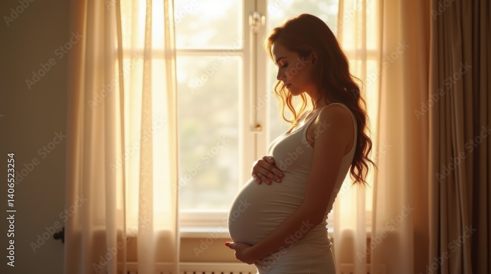 Photorealistic indoor portrait, European pregnant woman gently holding her belly, standing near a sunlit window with soft curtains Photorealistic indoor portrait, European pregnant woman gently holding her belly, standing near a sunlit window with soft curtains