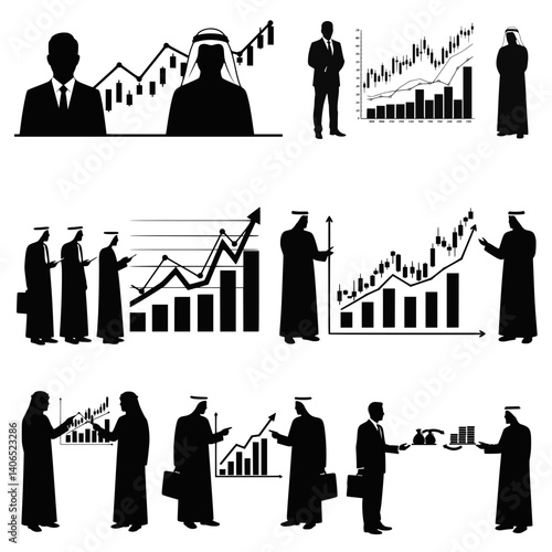 Arab Businessman and Western Man Silhouette Icons in Corporate Meeting and Communication