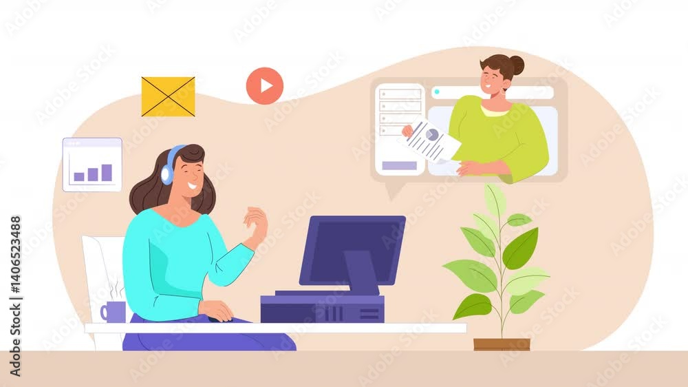 Girl Learning Computer Online Flat Design 2D Flat Character Animation Scene Girl Learning Computer Online Flat Design 2D Flat Character Animation Scene