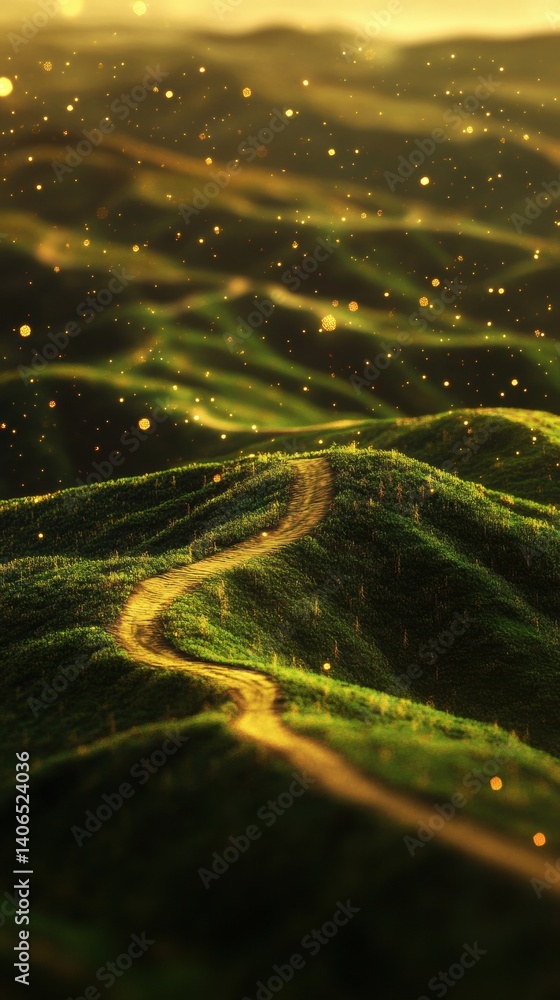 Obraz premium Winding Path Through Rolling Hills with Sparkling Lights
