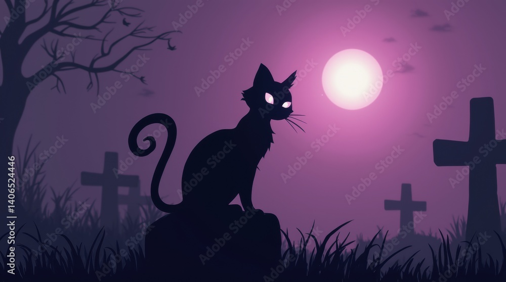 Stylized black cat silhouette with curled tail and glowing eyes sitting on a gravestone in foggy graveyard under a purple sky Stylized black cat silhouette with curled tail and glowing eyes sitting on a gravestone in foggy graveyard under a purple sky
