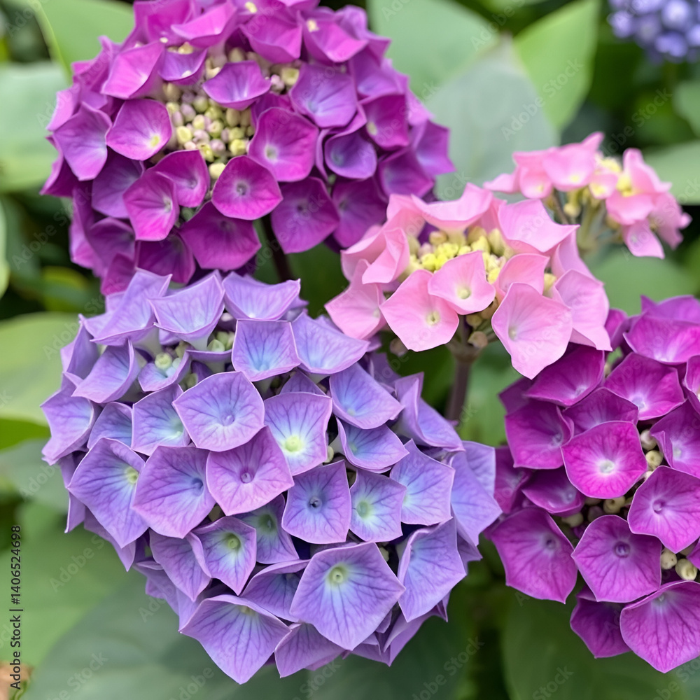 Purple, blue and pink heads of hydrangea flowers Purple, blue and pink heads of hydrangea flowers