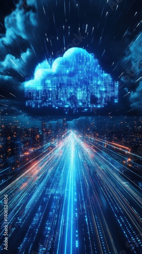 Digital Cloud Computing Network Over Cityscape