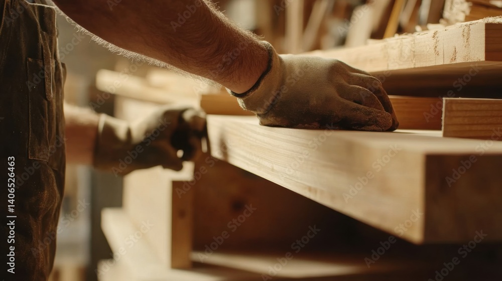 Carpenter constructing custom wooden shelves in a workshop. Featuring woodworking Carpenter constructing custom wooden shelves in a workshop. Featuring woodworking