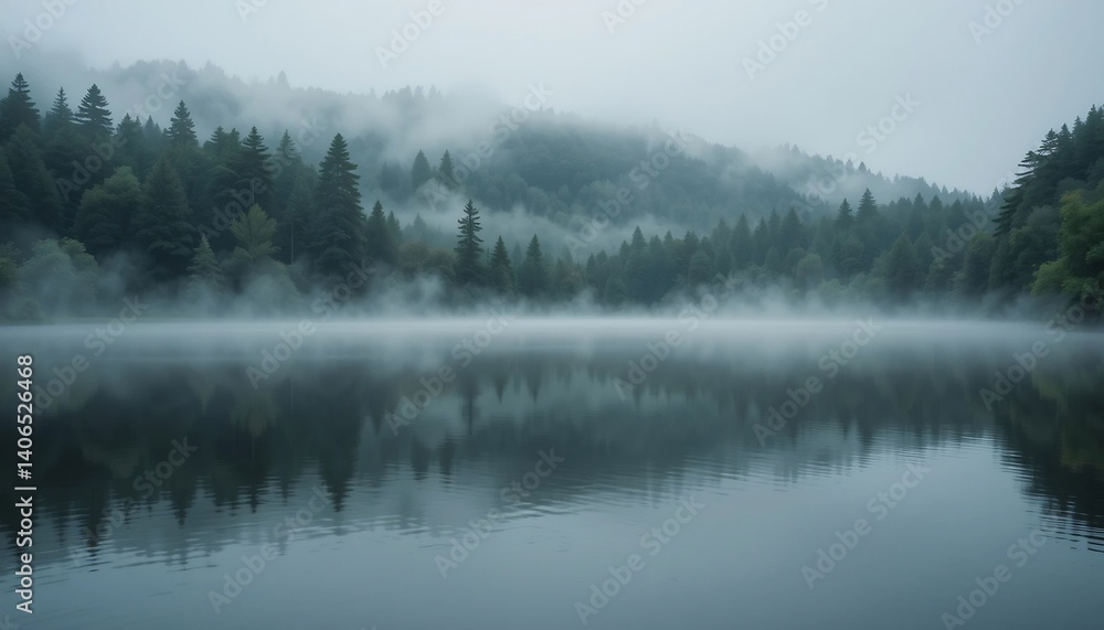 Fototapeta premium 静寂漂う霧の湖、神秘的緑の反射