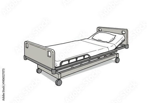 A side-view line drawing of a hospital bed, black and white, minimalist style, no background.