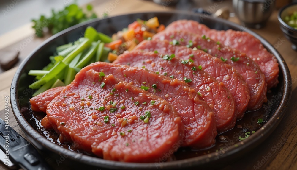 ジューシーな赤身ステーキ 熱々鉄板焼き 彩り野菜添え ジューシーな赤身ステーキ 熱々鉄板焼き 彩り野菜添え
