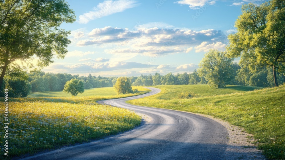Fototapeta premium A winding road surrounded by lush greenery and fields under a bright sky, creating a serene and inviting landscape.