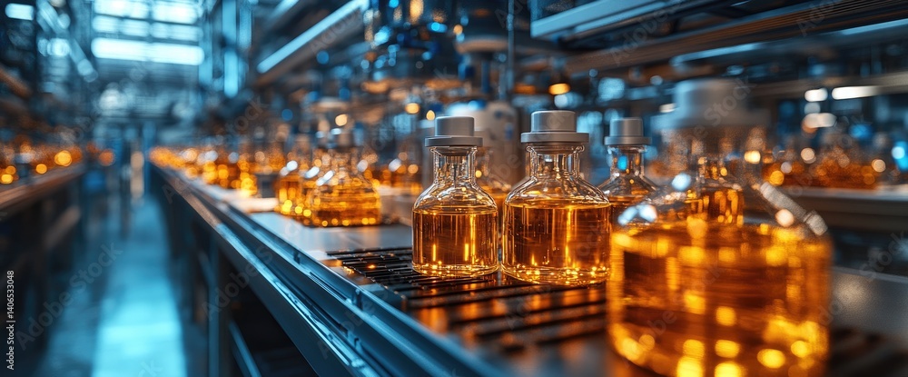 Obraz premium Bottled liquid flows down the production line, lit in blue. Automated