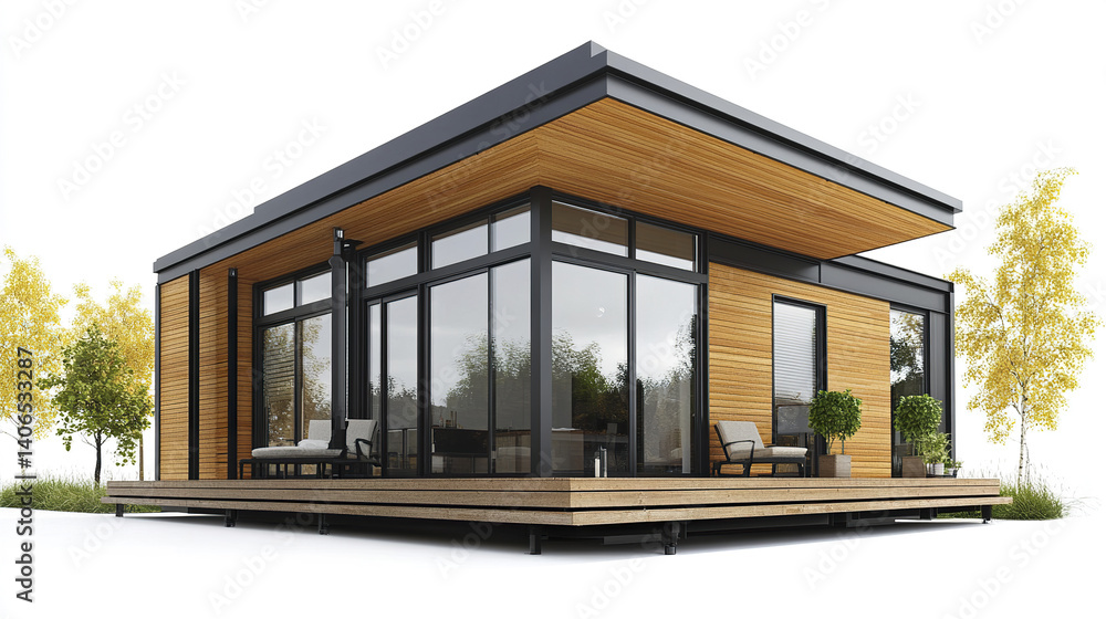 Fototapeta premium Modern prefabricated house with large windows and wooden exterior