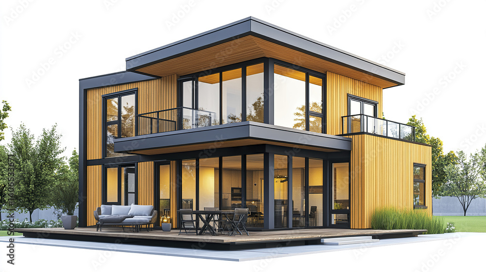 Fototapeta premium Modern prefabricated house with large windows and wooden exterior