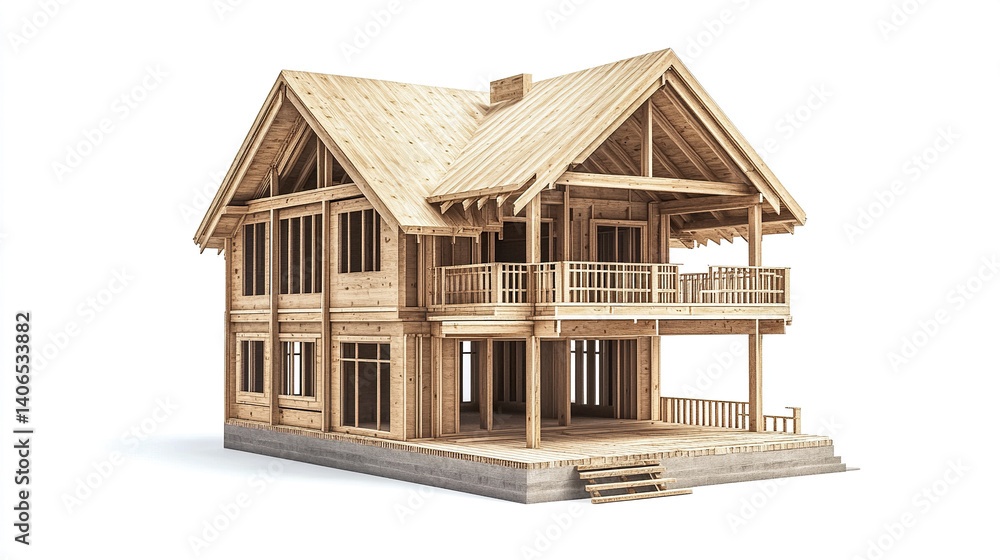 Wooden prefabricated house with rustic design and open balcony