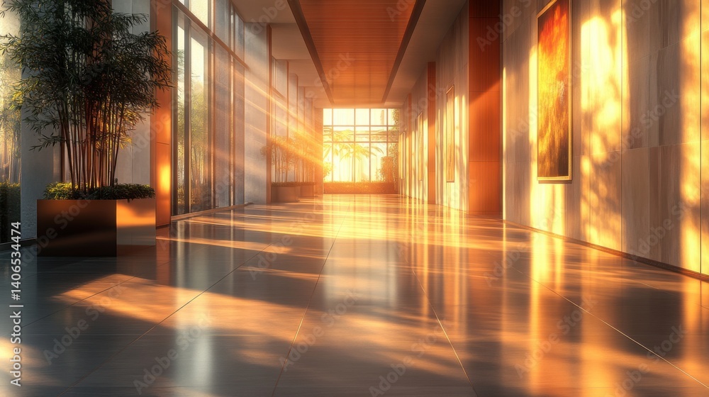 A sunlit corridor with sleek walls and reflective floors, adorned with plants, creating a warm and inviting atmosphere. A sunlit corridor with sleek walls and reflective floors, adorned with plants, creating a warm and inviting atmosphere.