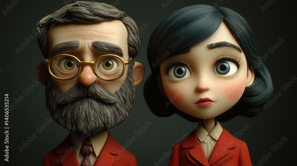 Fototapeta premium Close-up portrait of a man and woman, stylized cartoon figures, dressed in period clothing