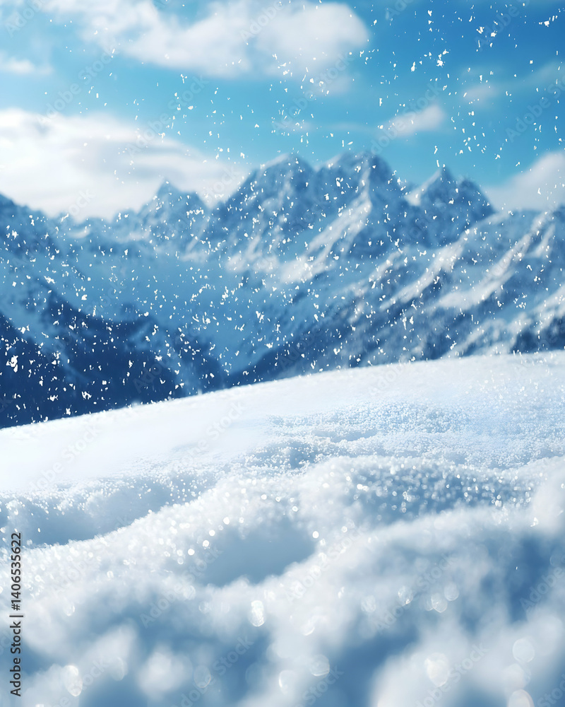 Winter Snowfall Background: Snowflakes falling over serene snow-covered mountain range under a bright sky. Winter Snowfall Background: Snowflakes falling over serene snow-covered mountain range under a bright sky.