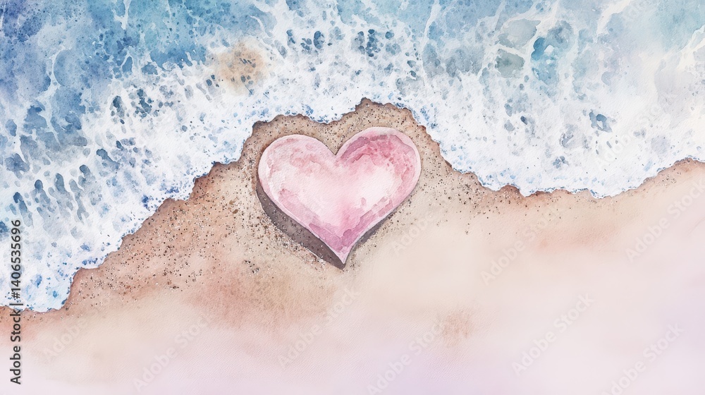 Fototapeta premium Delicate pink heart nestled on a tranquil beach.