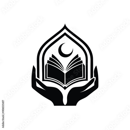 Elegant Hands and Quran Symbol in Flowing Monochrome Islamic Logo