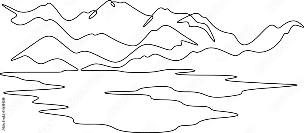 Continuous one line drawing small mountain lake. High mountains. Landscape. Continuous one line drawing small mountain lake. High mountains. Landscape.