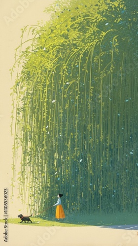A girl and her dog standing under a large weeping willow tree