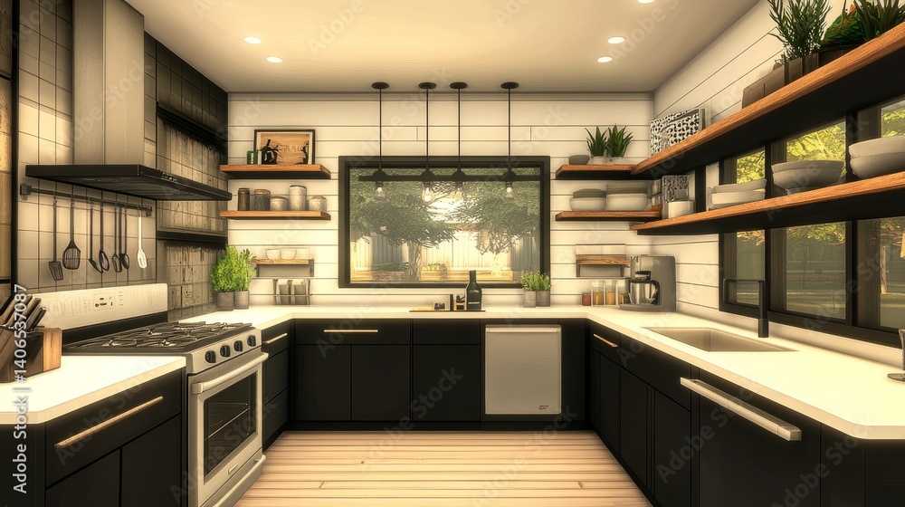 Sophisticated kitchen layout with deep-toned cabinets, bright white counters, and clean-lined open shelving Sophisticated kitchen layout with deep-toned cabinets, bright white counters, and clean-lined open shelving