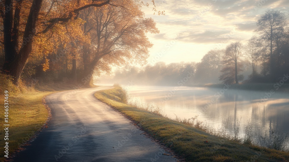 Obraz premium A serene autumn landscape featuring a misty river, a winding path, and trees with golden leaves, evoking a peaceful, tranquil atmosphere.
