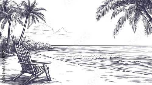 Minimalist beach and coconut tree in bright white background, Tropical beach chair scene in black and white design, Monochrome scene with palm trees and gentle ocean waves.
