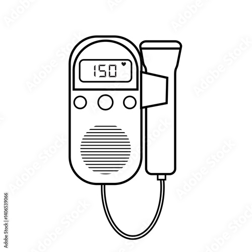 Illustration of a Fetal Doppler, symbol of a medical device used to listen to
the fetal heartbeat in the womb, handheld device, used in the field of medicine or 
midwifery, line icon style.  