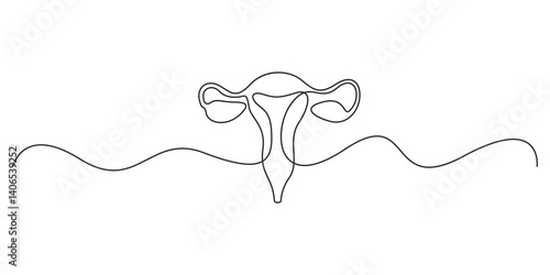 Continuous single line drawing of women's Uterus and Ovary. One line Female reproductive system uterus vector illustration isolated on white background graphic illustration
