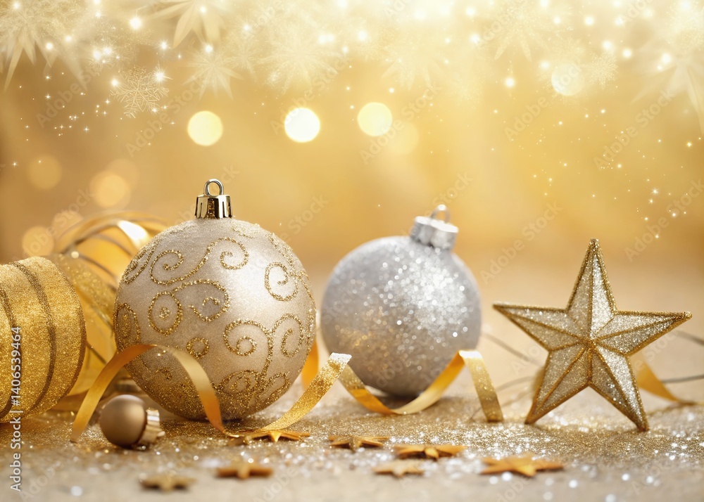 Elegant Christmas ornaments shimmer with golden light, nestled amongst sparkling ribbons and a glittering star, creating a festive and joyful holiday scene. Elegant Christmas ornaments shimmer with golden light, nestled amongst sparkling ribbons and a glittering star, creating a festive and joyful holiday scene.