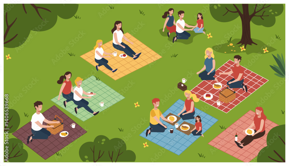 Obraz premium Groups of People Having Picnic in Park Vector Illustration