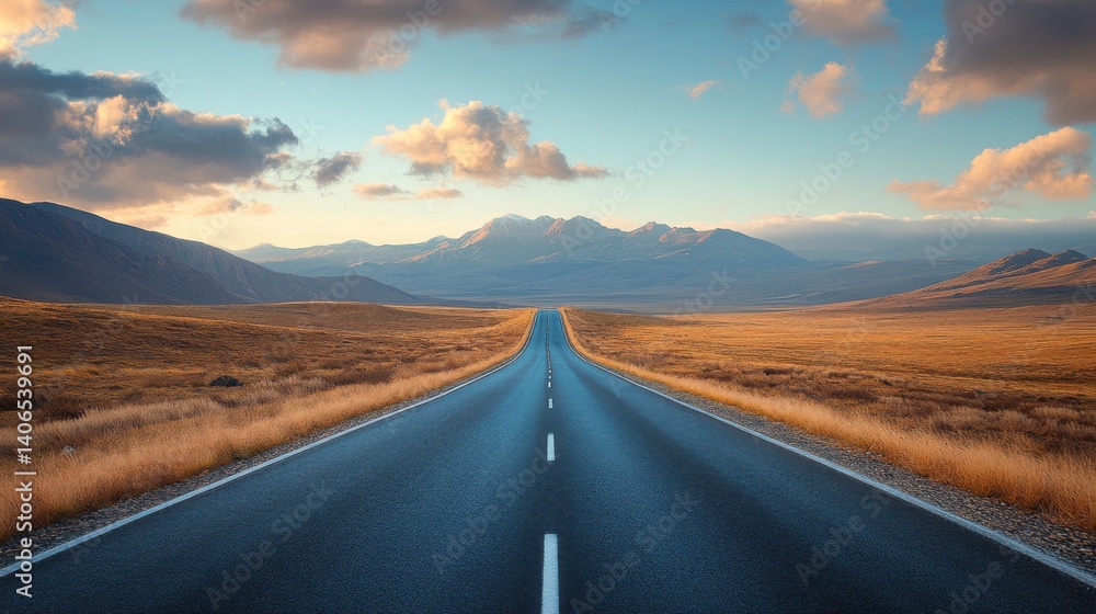 Naklejka premium A long, straight road stretches towards distant mountains under a blue sky filled with soft clouds, surrounded by golden grasslands.